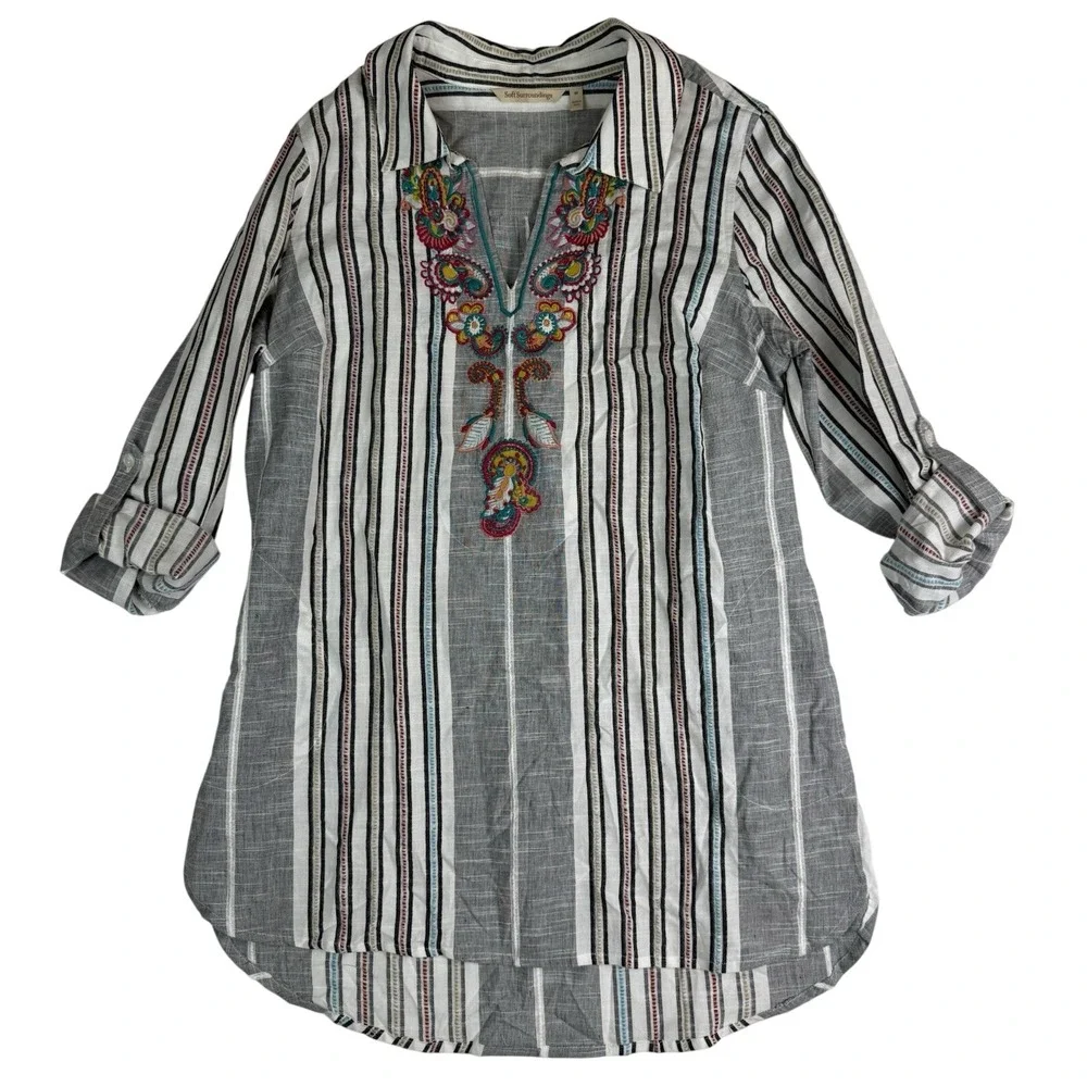 SOFT SURROUNDINGS Tunic Top Pullover Embroidered Pockets Roll Tab Sleeves Sz Med - Picture 2 of 8